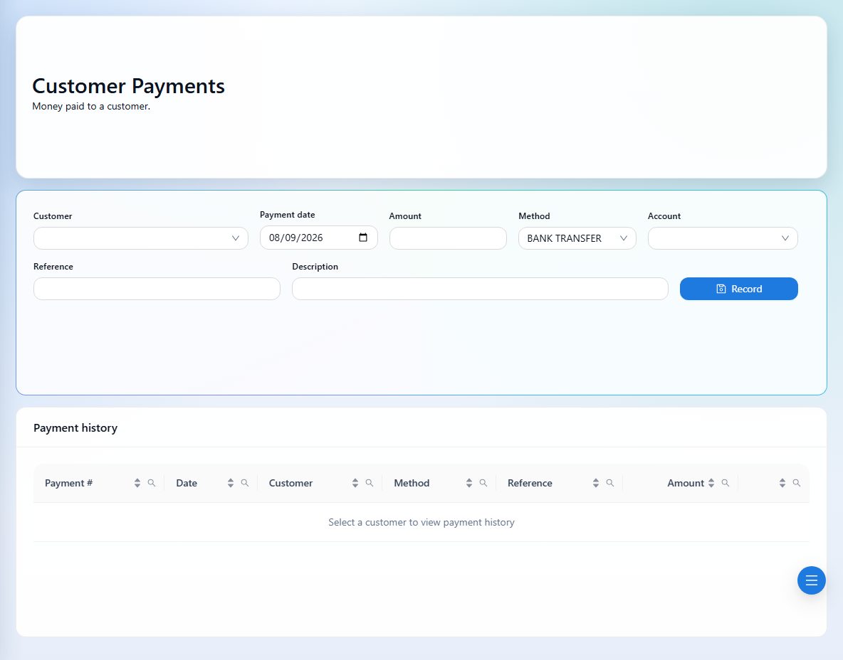 Enter a payment to a customer and review payment history.