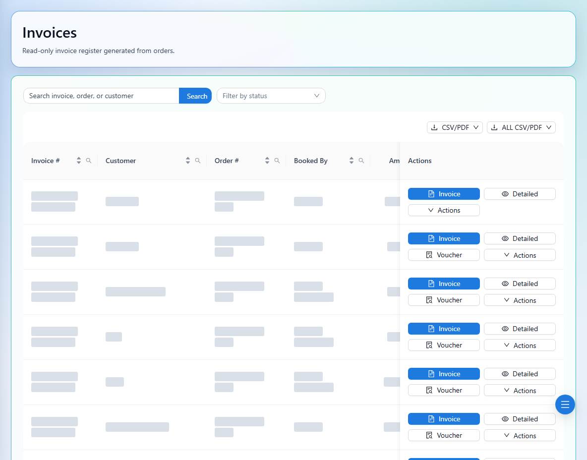 Use the invoice list and its actions to manage an invoice.
