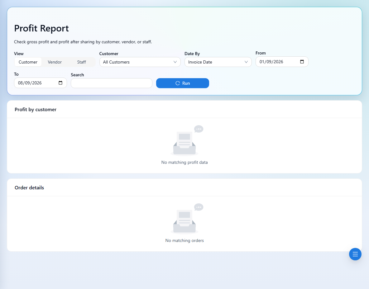 Choose a view, entity, and date basis before running Profit Report.